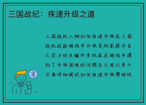 三国战纪：疾速升级之道