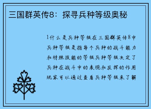 三国群英传8：探寻兵种等级奥秘